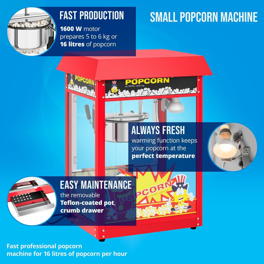 Royal Catering Popcornmaschine Popcornmaker RCPR-16E (1.600 W, Arbeitsleistung 5 kg/h 16 L/h, Topfdu