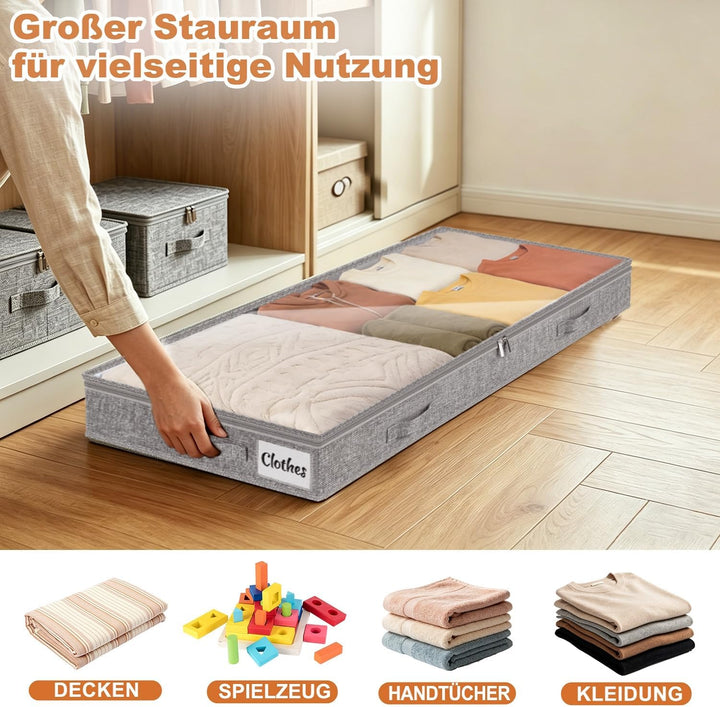 4 Stück Unterbett Aufbewahrungsbox,10cm hoch Unterbettkommode mit klarem Deckel, Faltbare Kleiderauf