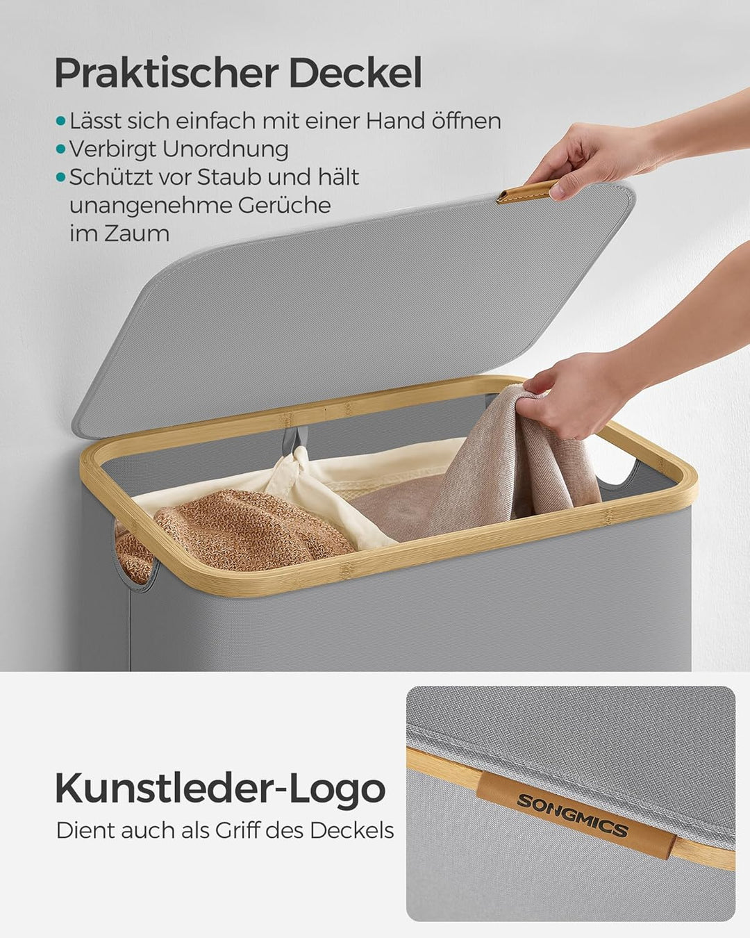 SONGMICS Wäschekorb mit Deckel, Wäschesammler mit 2 Fächern, 130 L, herausnehmbarer Wäschesack, Oxfo