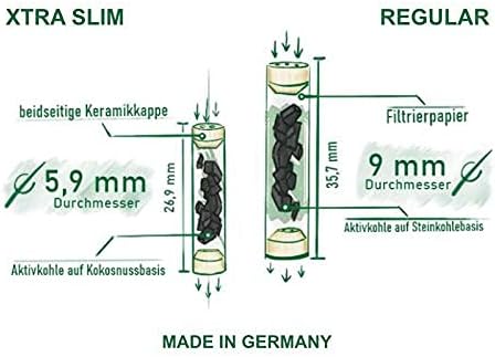 PURIZE 250 Stück Xtra Slim Size 6mm (5,9mm) Aktivkohlefilter mit 2 Keramikkappen inkl. Joint Tube, P