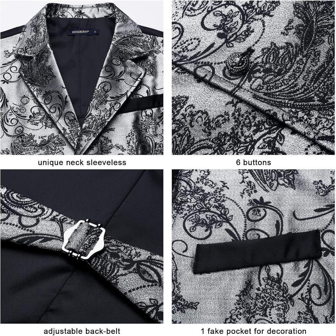 HISDERN Herren Paisley Weste Formelle Hochzeit Party Gothic Steampunk Revers Weste für Herren XL Sil