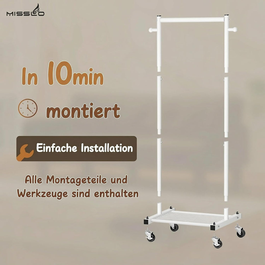 MISSLO Kinder Kleiderständer auf Rollen, 114cm Stabil Klein Kleiderstange mit Ablage, Metall Schmal