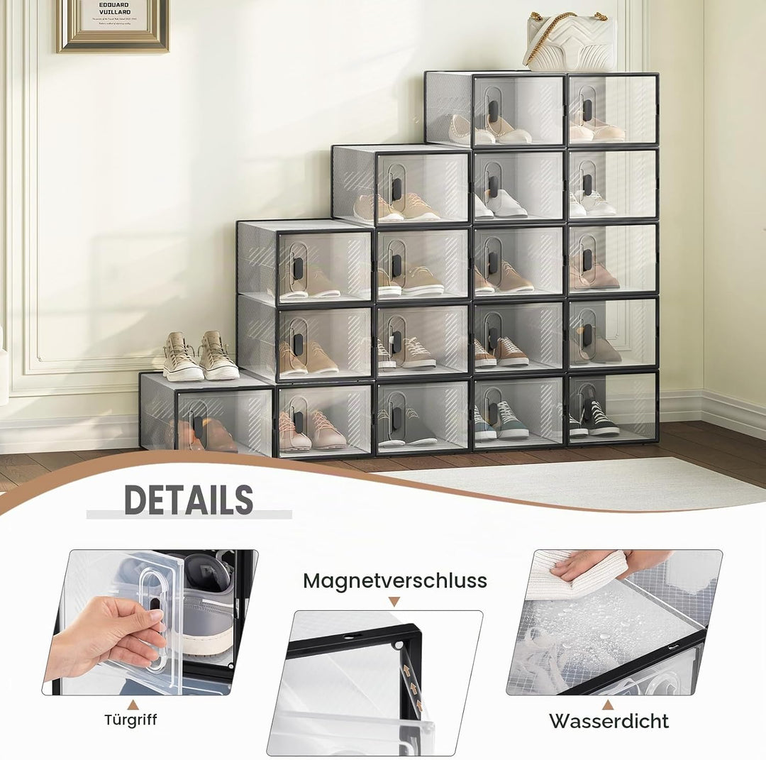 WOLTU Schuhbox stapelbar, 18er Set, Schuhkarton mit magnetischer Tür, Kunststoffbox für Schuhaufbewa