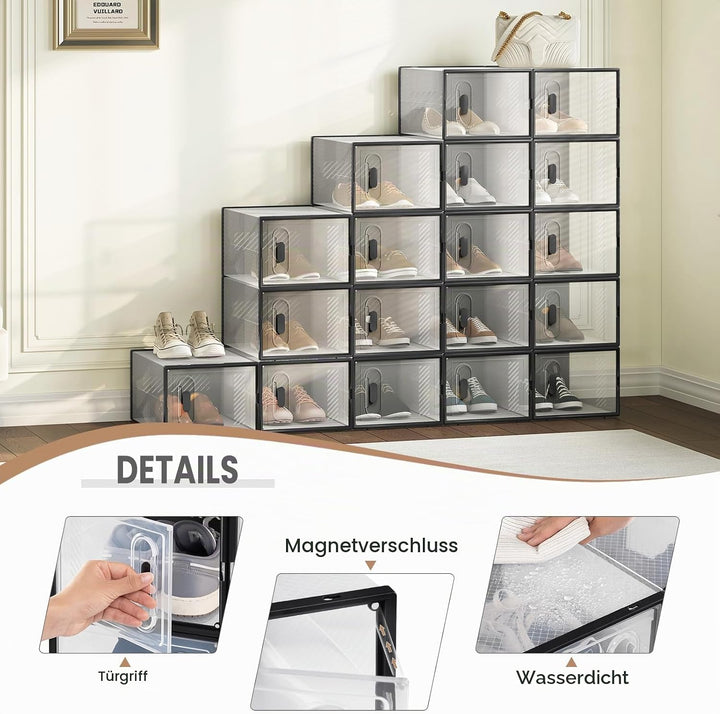 WOLTU Schuhbox stapelbar, 18er Set, Schuhkarton mit magnetischer Tür, Kunststoffbox für Schuhaufbewa