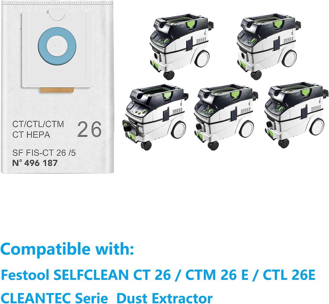 8 Stück Beutel Zubehör Kompatibel mit Festool SELFCLEAN CT 26/CTM 26 E/CTL 26E CLEANTEC Series Absau