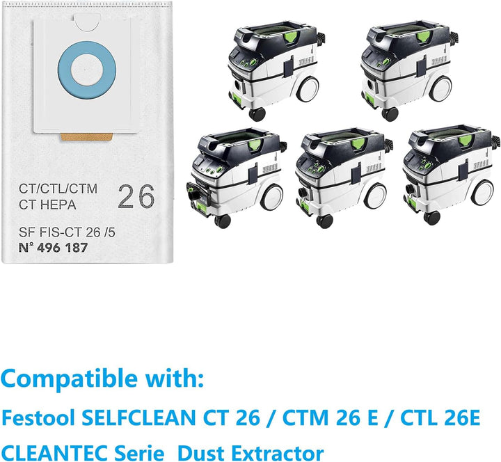 8 Stück Beutel Zubehör Kompatibel mit Festool SELFCLEAN CT 26/CTM 26 E/CTL 26E CLEANTEC Series Absau