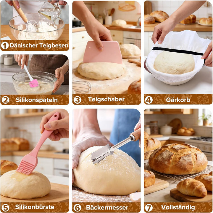 Gärkorb Brot Set, Gärkörbchen Baumwollseil Rund 23 cm mit Griff, Inklusive Gärfolie, Bäckermesser, T