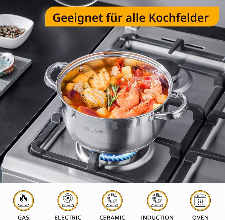 Velaze Töpfe Set, 7-teilig Kochtopf Set aus Edelstahl, Topf Induktion mit Glasdeckeln, PFOA frei, Kl