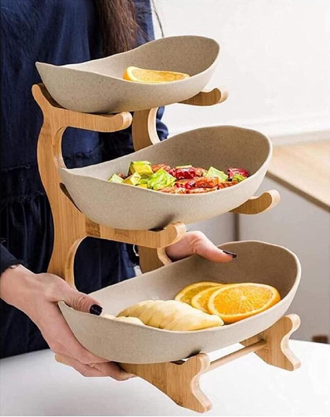 TonKeramik Obst Etagere Obstschale 3 Stöckig Porzellan Obstteller 3 Etagen mit Natürlichem Bambus St