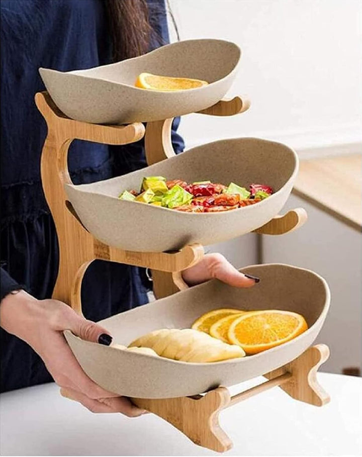 TonKeramik Obst Etagere Obstschale 3 Stöckig Porzellan Obstteller 3 Etagen mit Natürlichem Bambus St