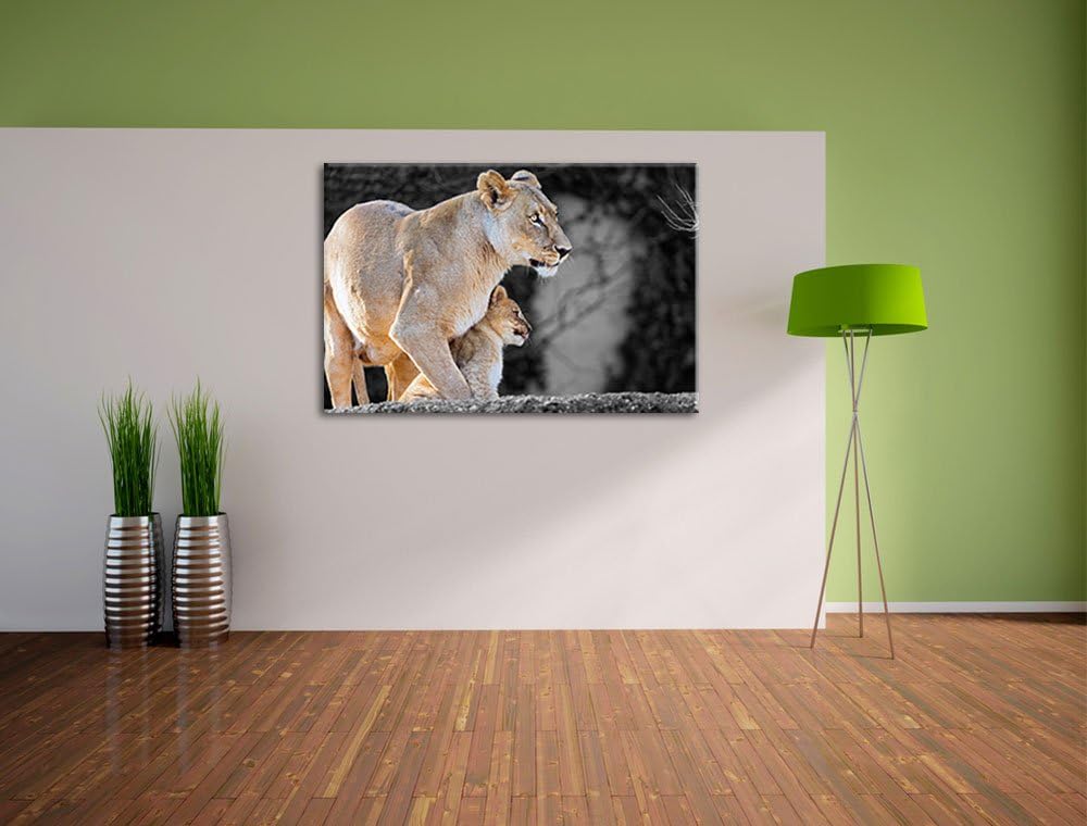 liebevolle Löwenmutter mit Jungtier schwarz/weiss auf Leinwand, XXL riesige Bilder fertig gerahmt mi