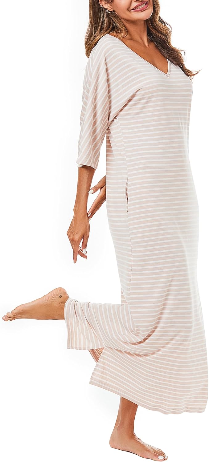 Uniexcosm Nachthemd Damen Lange Baumwolle 3/4 Ärmel Nachtkleid Nachtwäsche V-Ausschnitt Freizeitklei