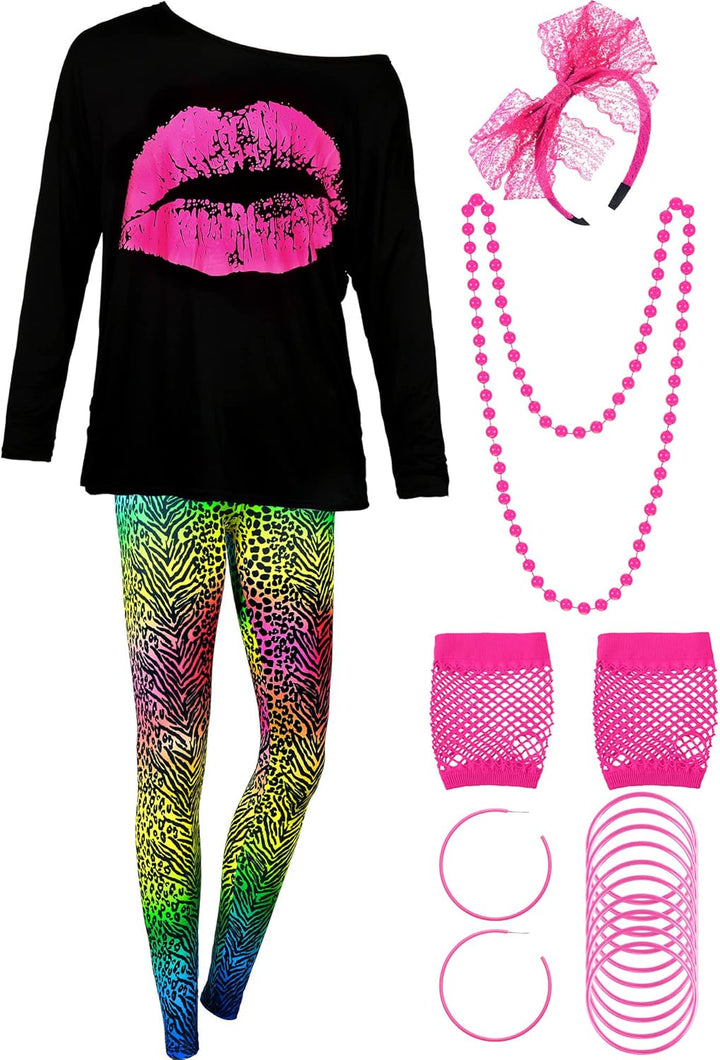80er Jahre Damen Kostüm Set, T Shirt, Legging Hose Ohrring Halskette Handschuhe Armband(Lange Ärmel
