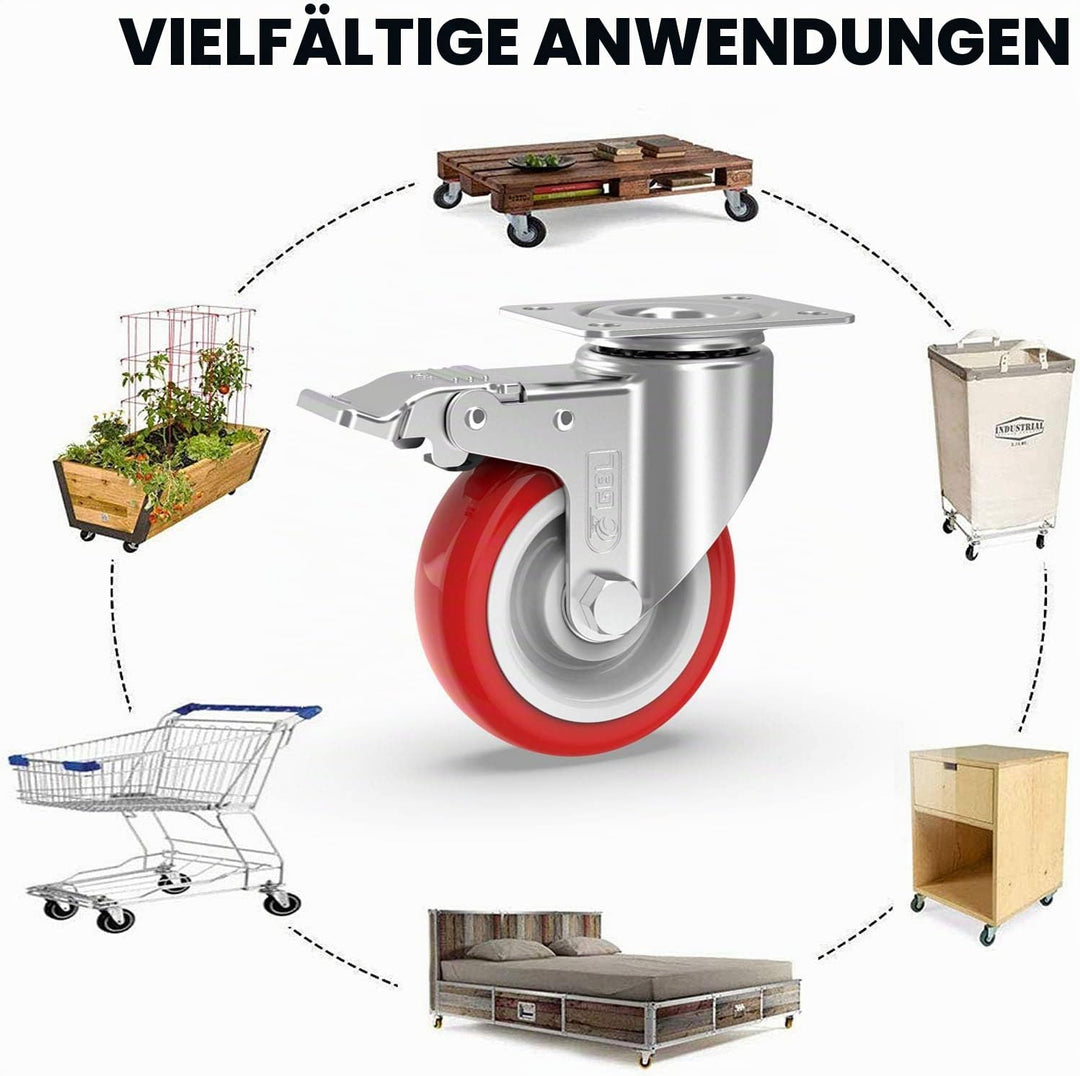 GBL Möbelrollen Schwerlast mit 2 Bremsen + Schrauben - 125mm 800KG - 4 Lenkrollen gross ohne Möbel B