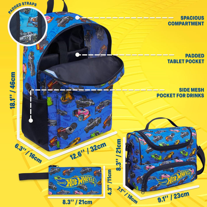 Get Trend Hot Wheels Rucksack Kinder 3er Set, Kinderrucksack mit Federmäppchen und Isolierte Lunchta