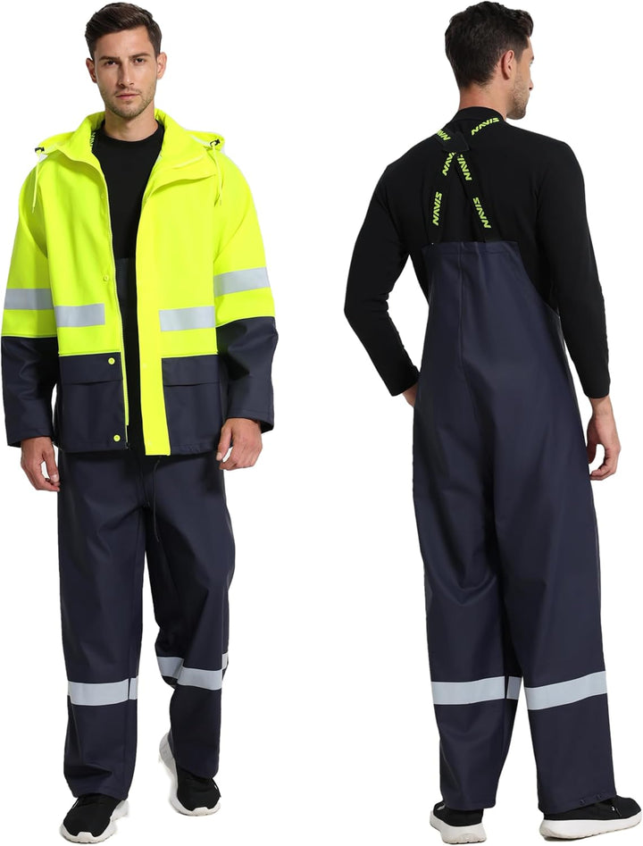 Regenanzug Herren Warnschutz Wasserdicht - PU Regenjacke & Latzhose, Regenbekleidung mit 360° Reflek