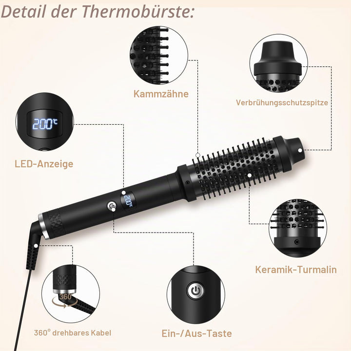 Thermal Brush 38mm, Wärmebürste mit 120–200°C LCD-Display, Lockenbürste Haarstyler Rundbürste, Verwe
