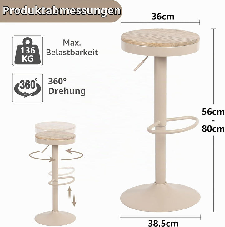 YOUNIKE Barhocker 2er Set Holz Barstuhl Höhenverstellbar Schwenkbar Tresenhocker Küchenhocker Höhe B
