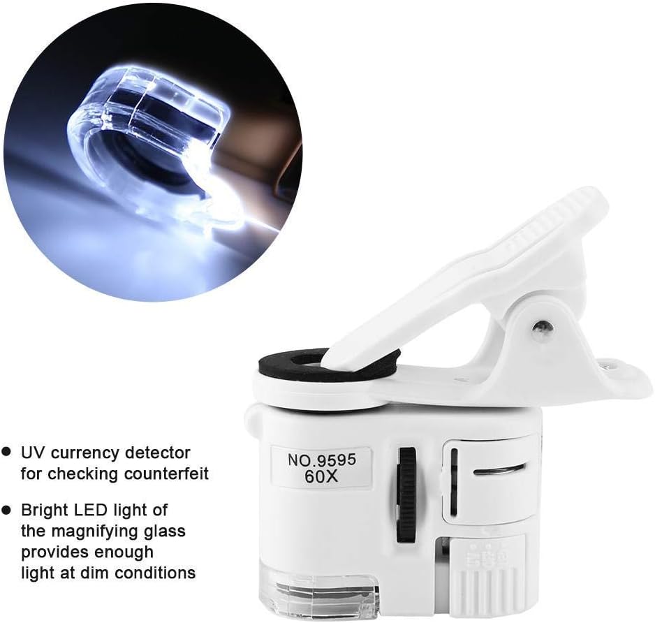 Mini Mikroskop, 9595W 60X Lupe LED UV Licht Mini Handy Clip Mikroskop, 2 Lampe Perle Universal Handy