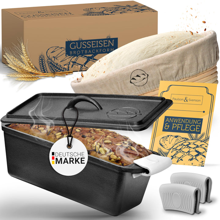 Paulson & Svenson® Brotbackform mit Deckel inkl. Gärkorb & Silikongriffe - Hochwertig eingebrannte B