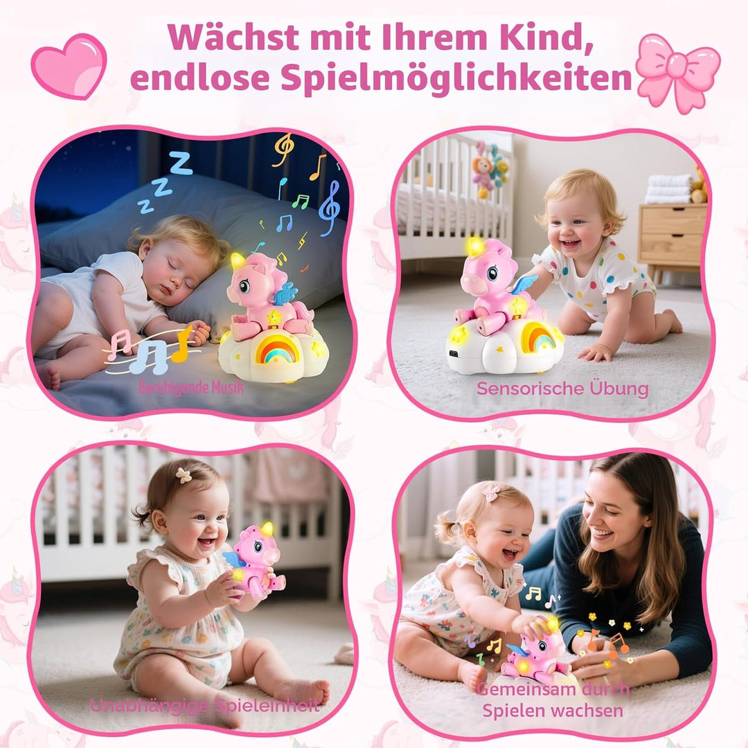 2-in-1 Einhorn Wolken Baby Spielzeug mit 3 Entwicklungsstufen für Tummy Time,Krabbeln mit Licht & Mu