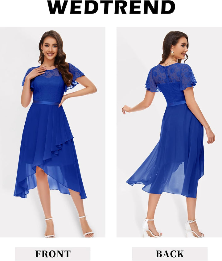 Wedtrend Abendkleid Damen Elegant Cocktailkleid High Low Ballkleider mit Spitzen A Linie für Hochzei