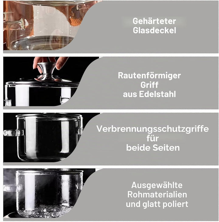 Kochtopf aus Glas 3, 5 l herdsicher Kochtopf aus Borosilikatglas mit Doppel-Ohrgriffen und Deckelgri