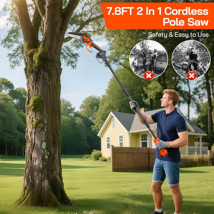 2-in-1 Mini Kettensäge 6 Zoll, 21V Akku-Hochentaster mit Verlängerungsstange 1,32–2,3 m, Elektro Hoc