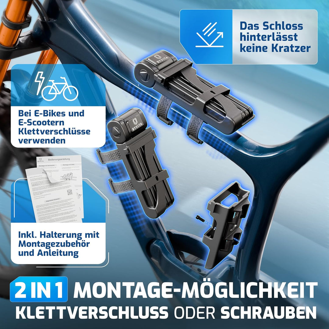 BYVITA Faltschloss Fahrrad 85cm inkl. Kabelschloss | Fahrradschloss Faltschloss mit Halterung &amp; Zube