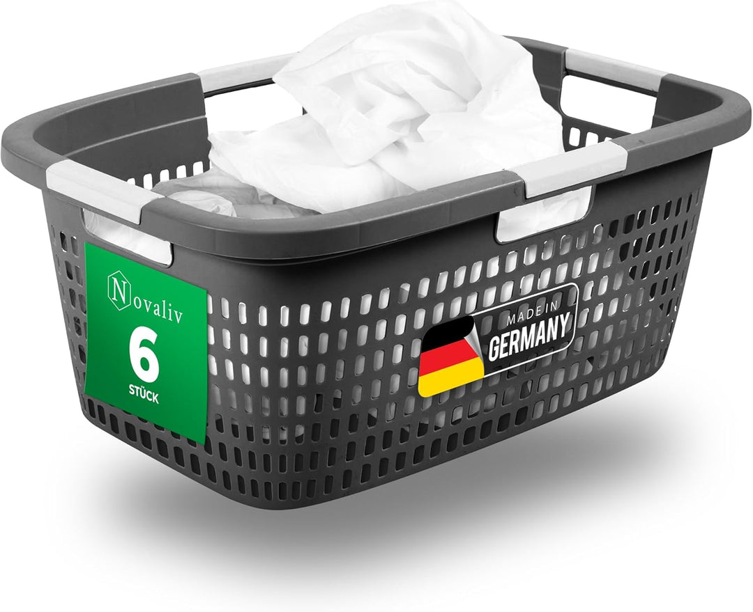 Novaliv Sparset 6X Wäschekorb mit 4 Griffen 40L Anthrazit, Wäschebox Set Wäscheeimer Wäschebehälter