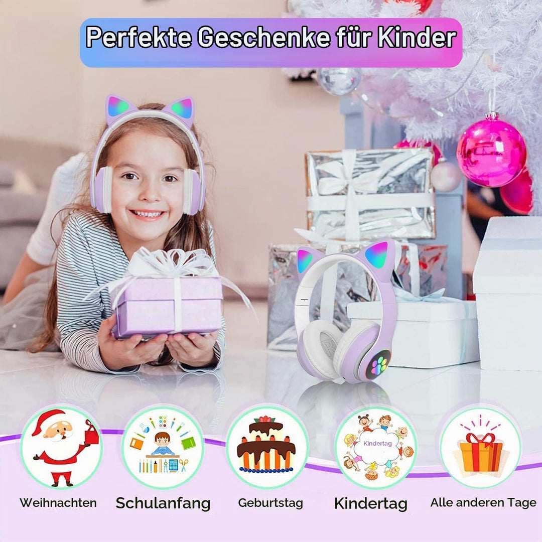Bluetooth kopfhörer Kinder,Mädchen Katzenohr Kopfhörer Over-Ear mit LED-licht Faltbare Stereo Kopfhö