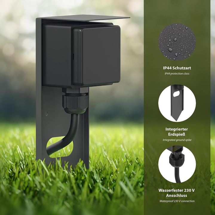 ledscom.de Garten Steckdosensäule PIWI mit Erdspiess für aussen, IP44, 1-fach, Edelstahl, schwarz, e