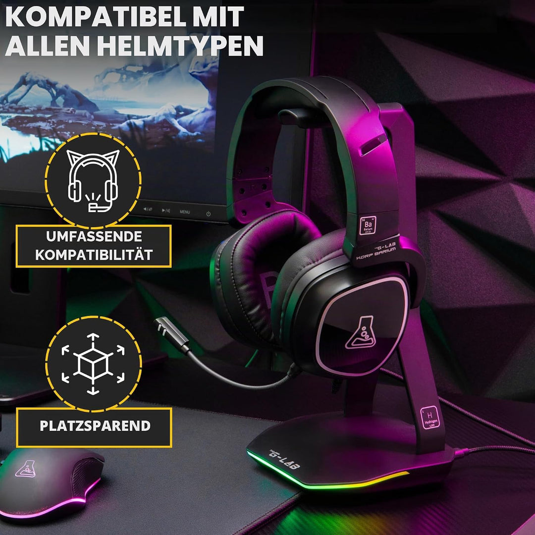 The G-Lab – K-Stand Hydrogen – Gaming Kopfhörer Ständer – RGB mit 7 Farben, EIN/Aus-Schalter, 2X USB