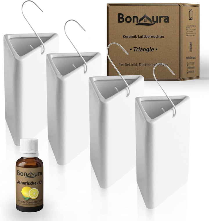 Luftbefeuchter Heizung Keramik Dreieckig I Haken & Duftöl [4er Spar-Set, 200ml] I Wasserverdunster f