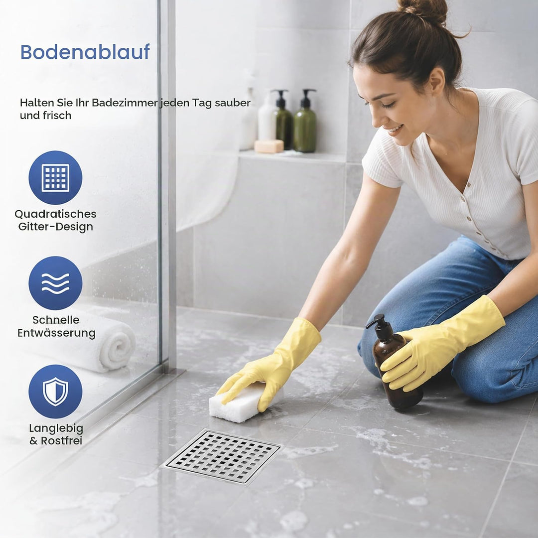 Bodenablauf Duschablauf Edelstahl 15×15cm, Flach &amp; Befliesbar, 360° Siphon mit Geruchsverschluss, Do