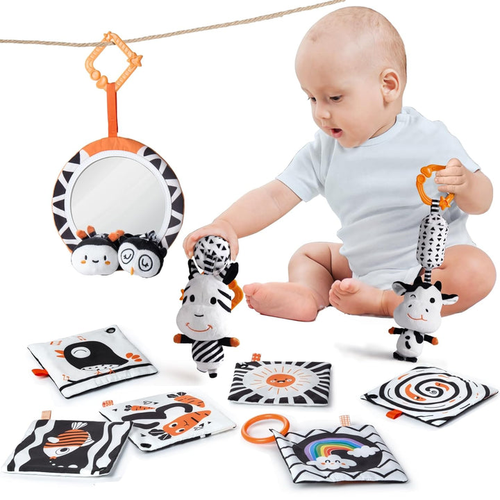 TUMAMA Kontrast Schwarz Weiss Baby Kinderwagen Spielzeug ab 0 2 3 4 6 8 9 Monate, 4pcs Kontrastbuch