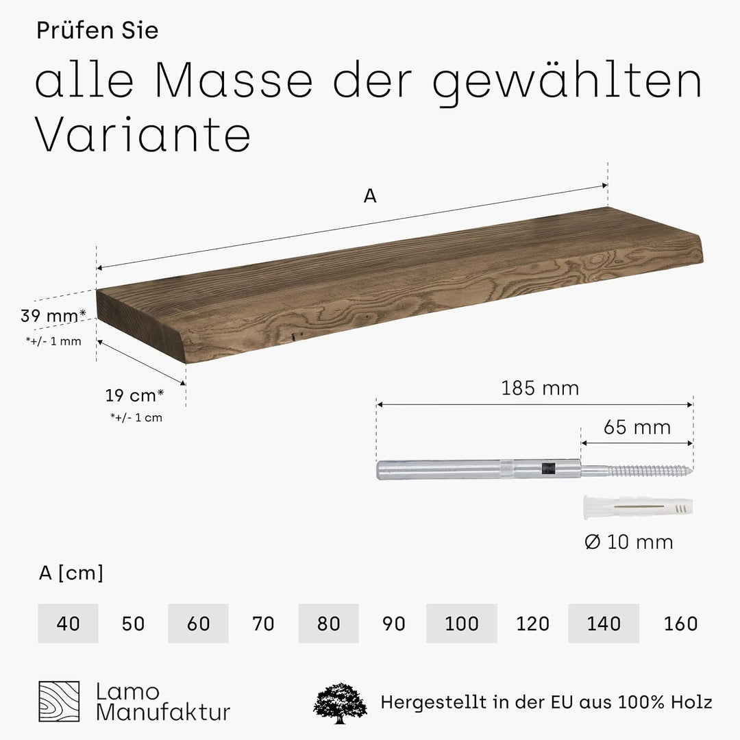 LAMO Manufaktur Wandregal Holz Baumkante | Regal Farbe: Nussbaum | Invisible: Schweberegal | 120 cm