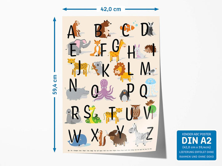 ABC Poster DIN A2 für Kinderzimmer, Alphabet Poster für Mädchen und Jungen, Buchstaben zum Lernen, T