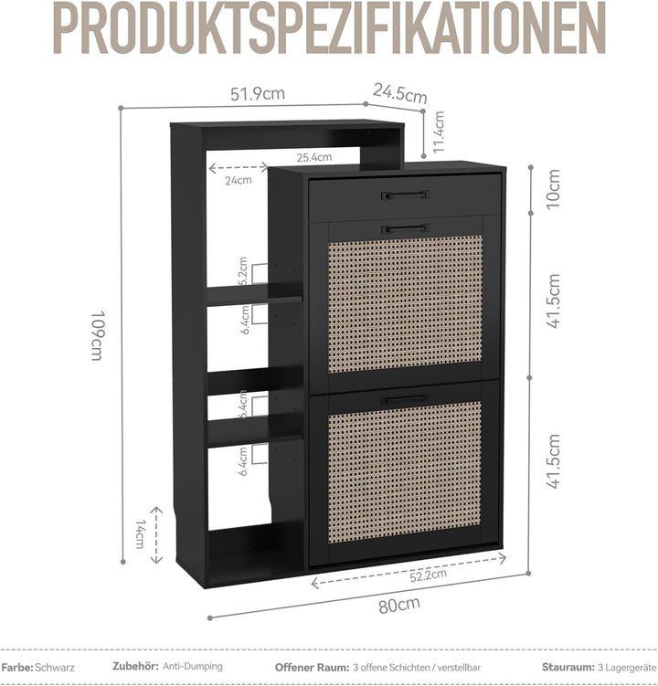 Schuhschrank schmal schwarz mit Schublade & Rattan-Dekor – eleganter Schuhkipper schwarz für Flur &