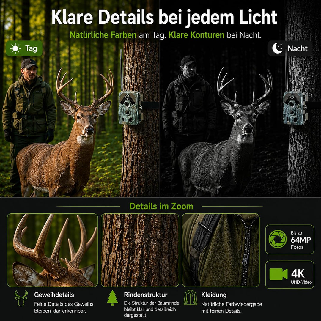 Wildkamera mit Handyübertragung App – 4K Video & 64MP Fotos – WLAN & Bluetooth – Wildtierkamera mit