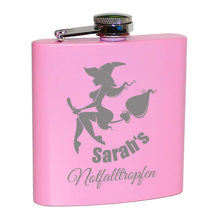 Pinker Flachmann Notfalltropfen, mit Hexe und persönlicher Namens Gravur! Lustiges Geschenk für Frau