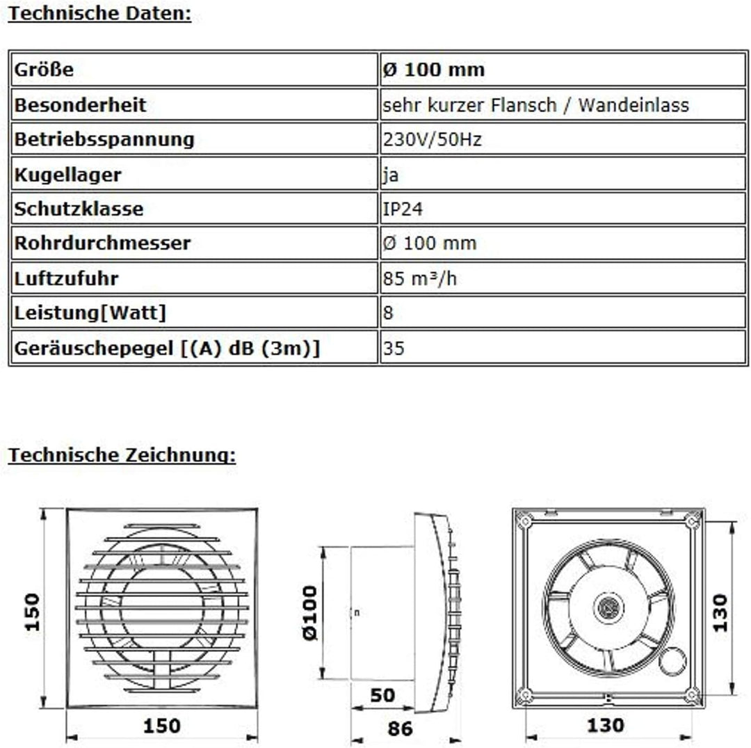 VONLIS Badventilator Badlüfter Lüfter Bad Ventilator Einbautiefe 50 mm kurz Ø 100 mm Standard nein,