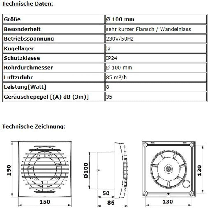 VONLIS Badventilator Badlüfter Lüfter Bad Ventilator Einbautiefe 50 mm kurz Ø 100 mm Standard nein,