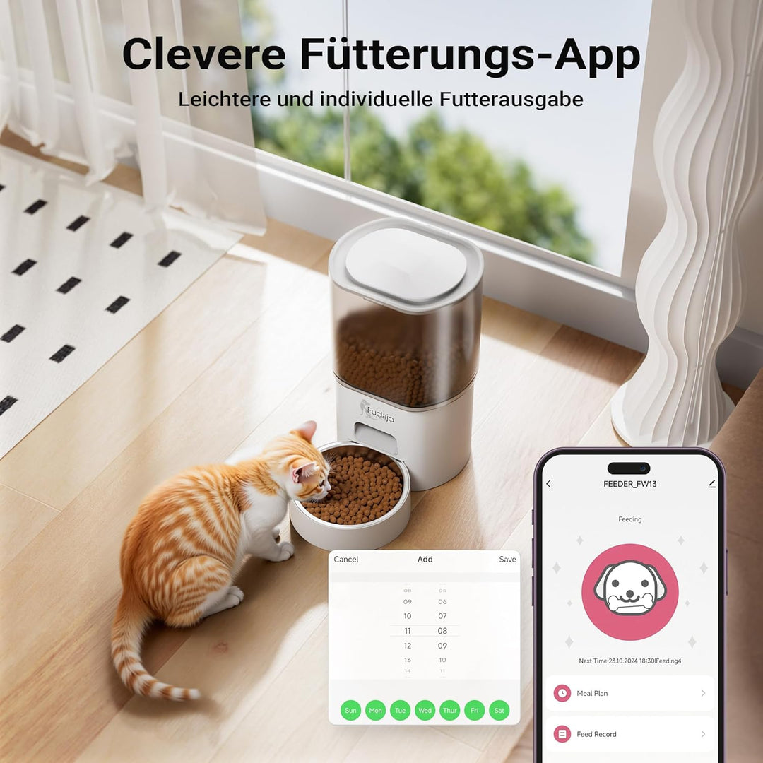 Fudajo Futter- und Trinkautomat für Katzen & Hunde in Weiss, 3 L Futterspender und 2,5 L Trinkbrunne