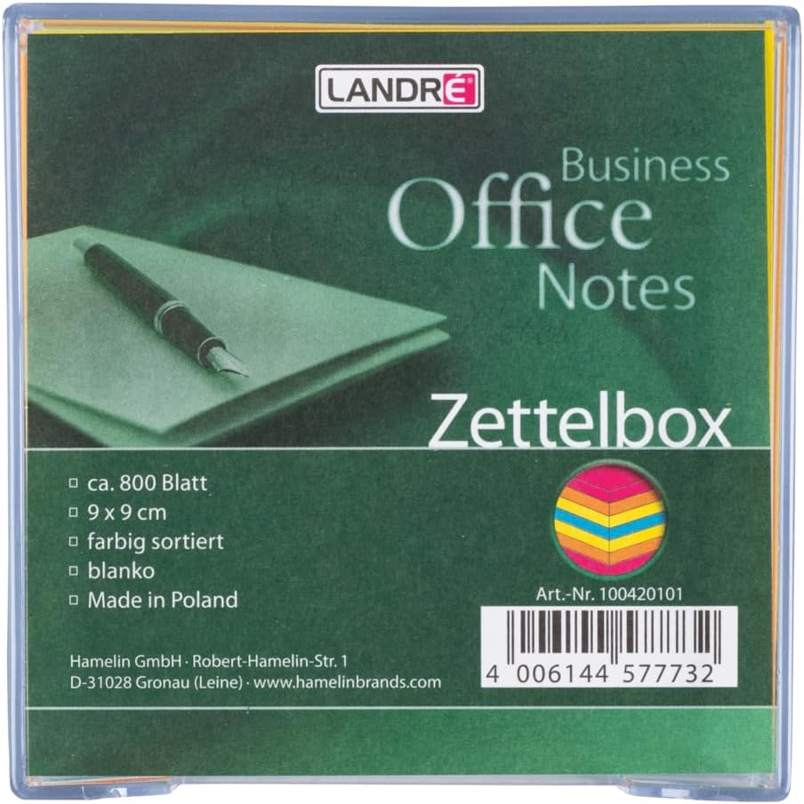 Landré Zettelbox, 9x9cm, 800 Blatt, bunte Notiz-Zettel Zettelbox klar mit bunten Zettelkasteneinlage
