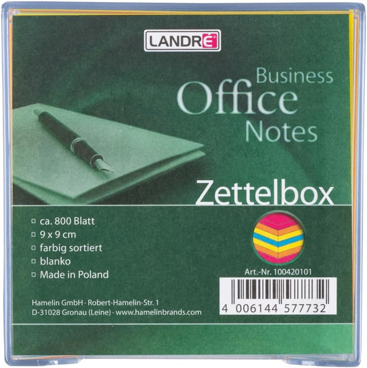 Landré Zettelbox, 9x9cm, 800 Blatt, bunte Notiz-Zettel Zettelbox klar mit bunten Zettelkasteneinlage