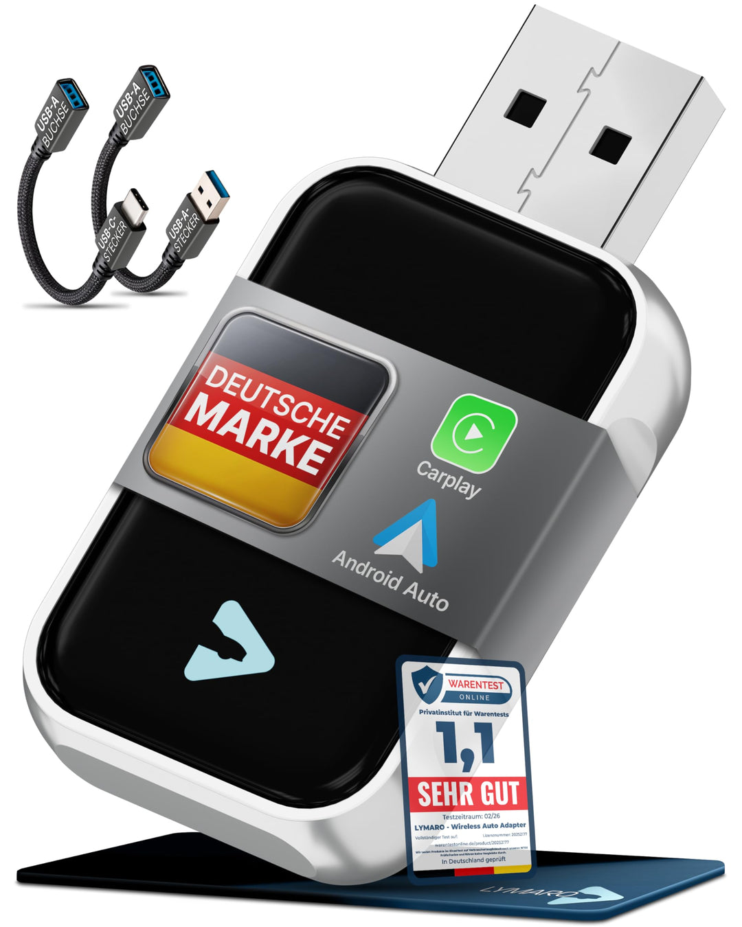 Carplay Wireless Adapter & Android Wireless Adapter fürs Auto – USB-A Plug & Play Nachrüstadapter, U
