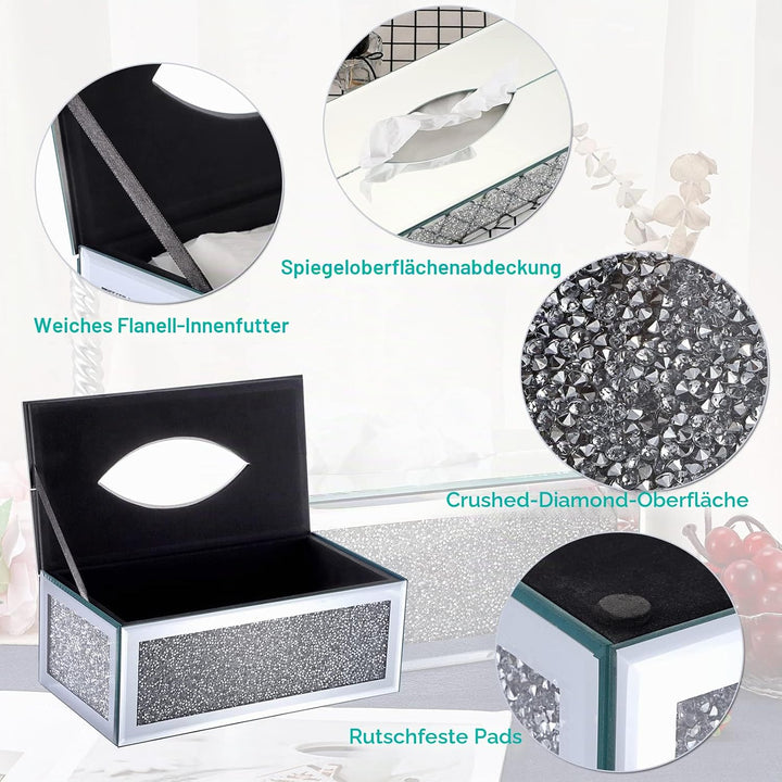 BTSKY Glitzernde Glas-Taschentuchbox mit zerdrückten Kristalldiamanten für Heimdekoration, Tischserv