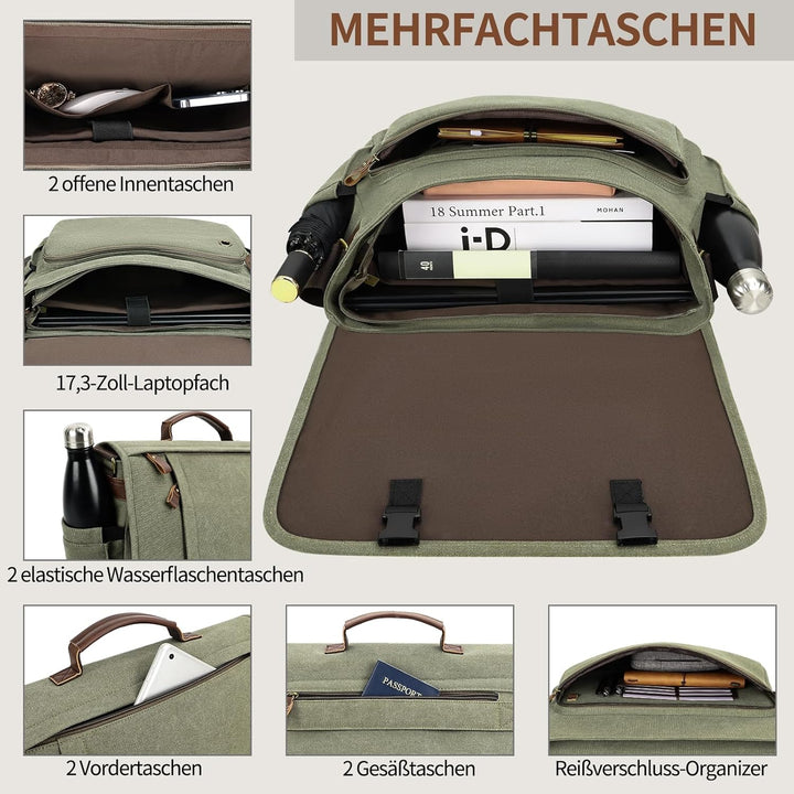 ESTARER Laptoptasche 17 Zoll Umhängetasche Canvas für Arbeit Uni, Armeegrün Grün 17.3 Zoll (Schnalle