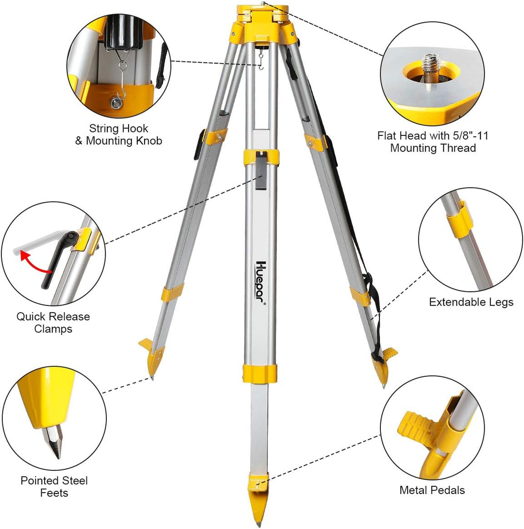 Huepar Professional Baustativ Nivellierstativ 1,65m mit 5/8"-11 Aussengewinde, Flachkopf Aluminiumst